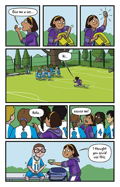 ErinMercer_SideLineSecret_23 T1D girl hears CGM. Soccer teams. Sharing juice for low blood sugar.