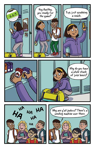 ErinMercer_SidelineSecret_16 T1D girl at school locker. Granola bar for blood sugar. Juice box for low. Friends laughing about diabetes.