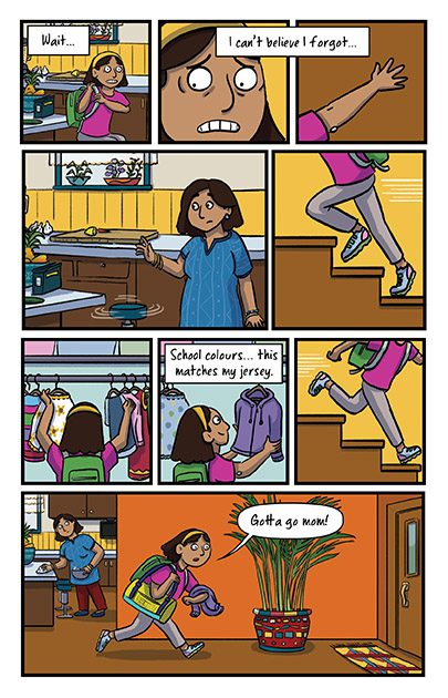 ErinMercer_SidelineSecret_7 T1D girl wearing CGM glucose monitor. Grabs hoodie, running to school. Indian mom cleans kitchen.