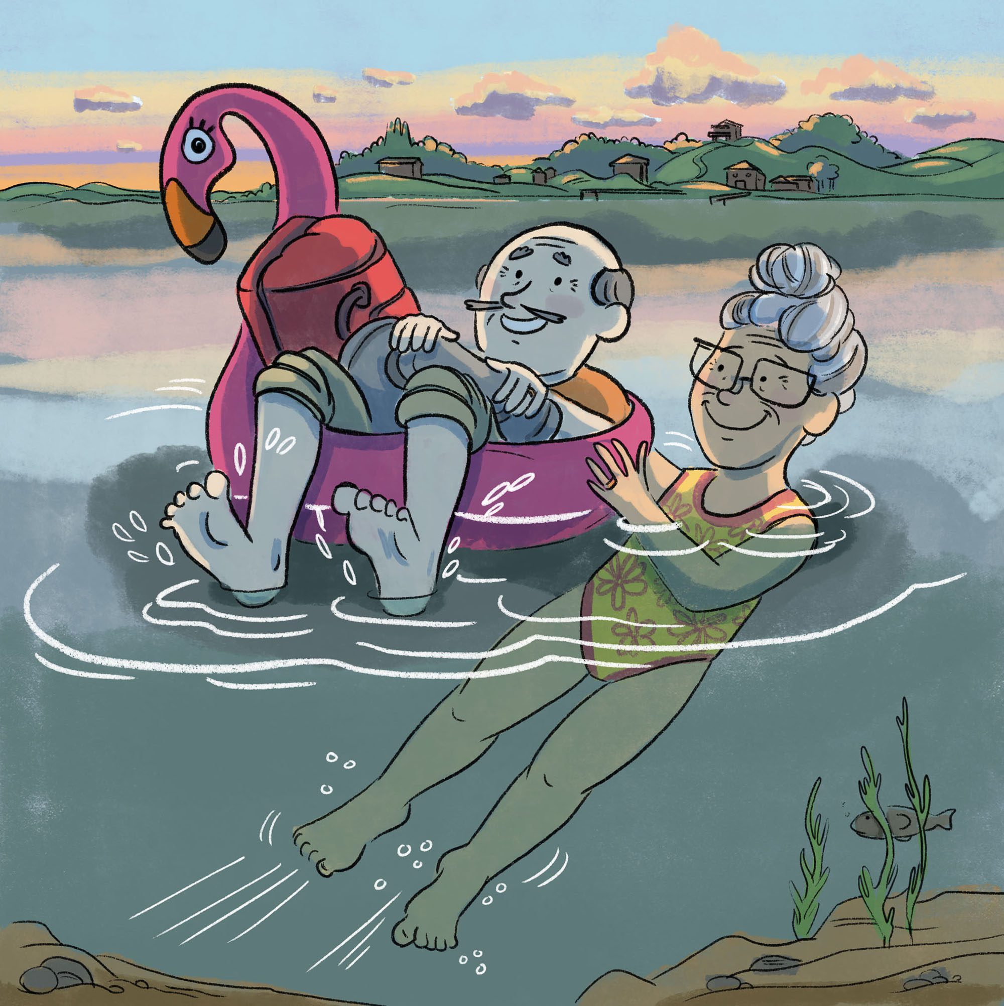 grandparents swimming illustration