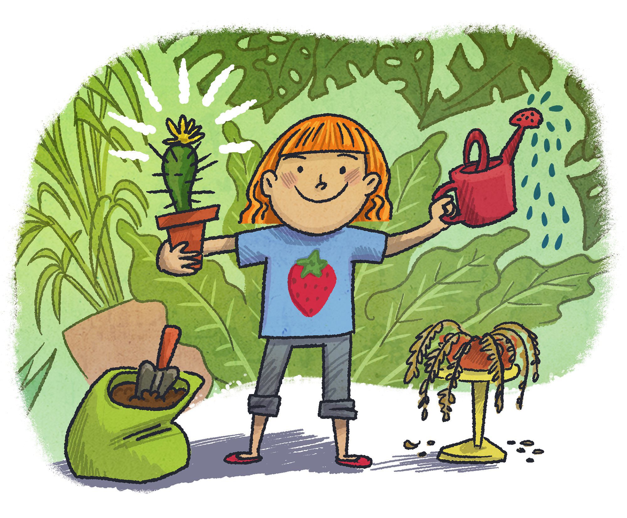 proud little gardener with cactus and watering can illustration