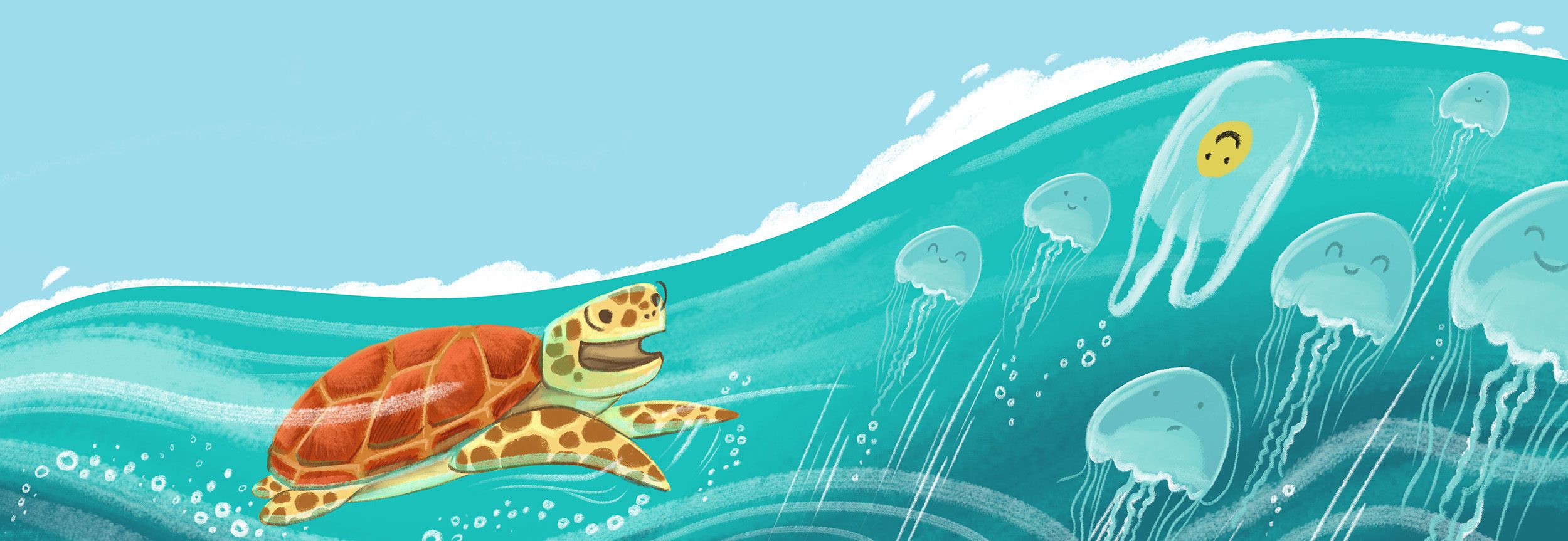 Turtle swims into a school of jellyfish and one plastic bag. By Erin Mercer